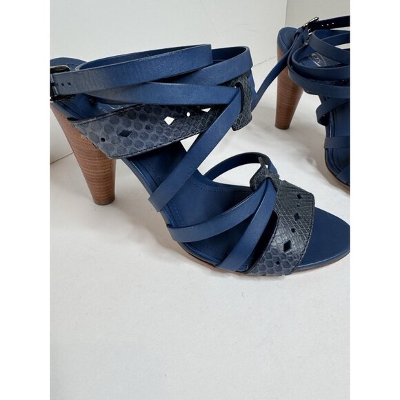 Tod’s Blue 4” Heel Leather Ankle Strappy Tie Sandal 38 Size 8 MINT - Picture 5 of 11